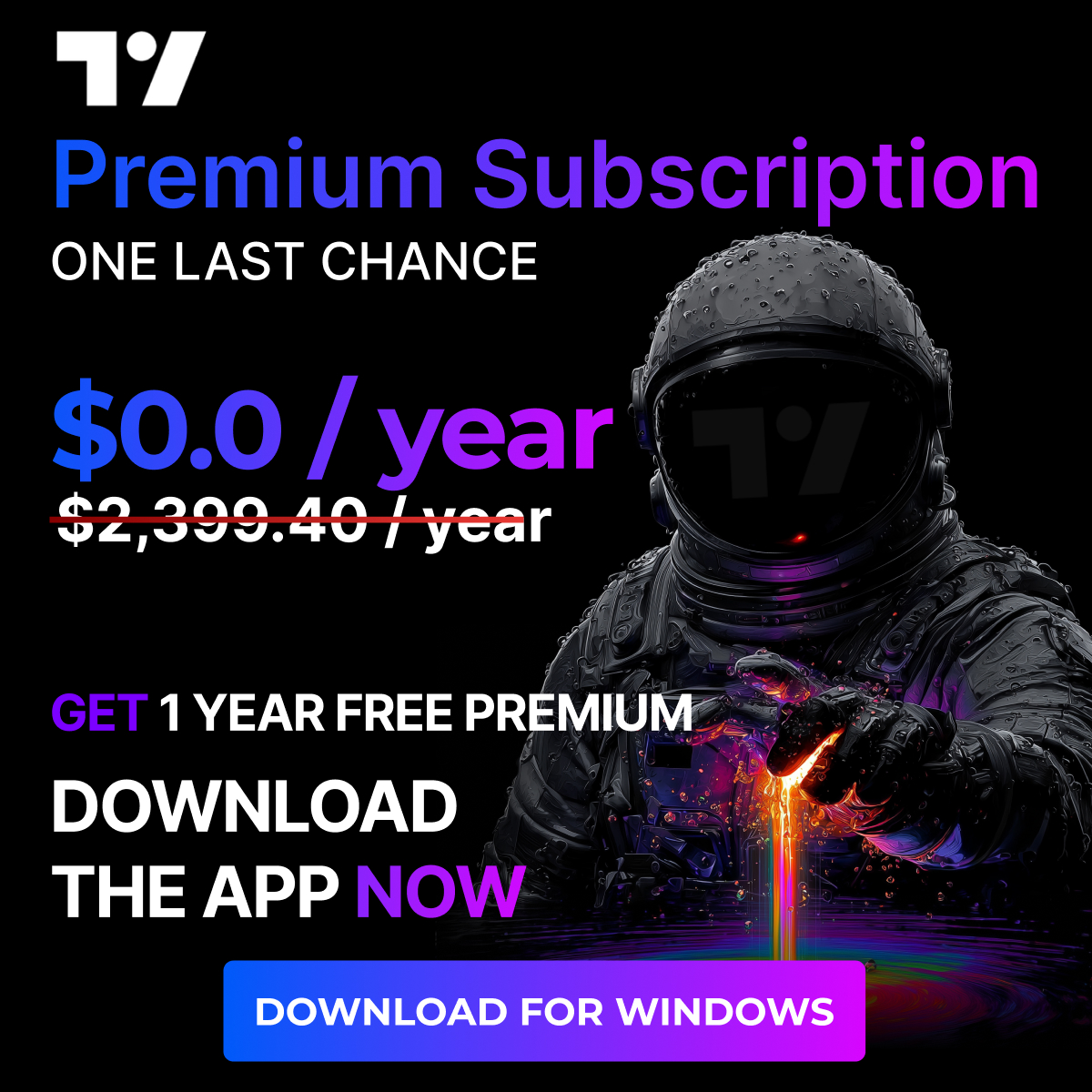 Dark astronaut desktop campaign creative with electric blue and violet light.